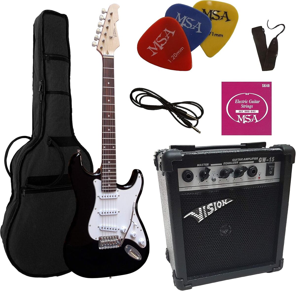 Test : guitare électrique noir mat 4/4 avec ampli 20W et accessoires