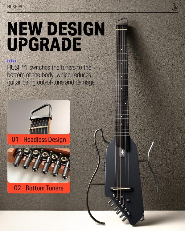 Donner HUSH-I Guitare de voyage - Guitare acoustique-électrique portable, ultra-légère et silencieuse, corps en érable avec cadres amovibles, sac de transport et accessoires