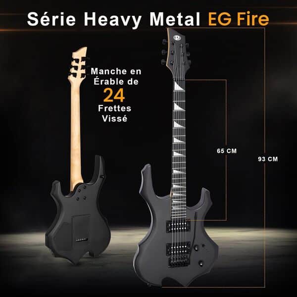 Pyle Guitare Electrique Heavy Metal EG Fire avec Kit Amplificateur-Guitare- Instrument Taille Complète avec Ampli de Pratique & Accessoires, Noir Mat