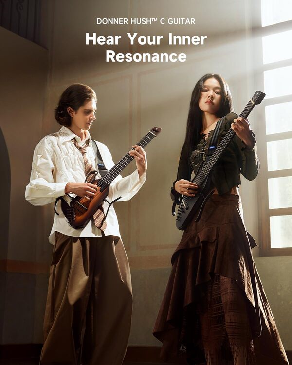 Donner HUSH C Guitare classique électro-acoustique à cordes en nylon – Guitare de voyage ultra-légère avec accordeur intégré, préampli HPS-II, prise casque et support à dégagement rapide – Sunburst
