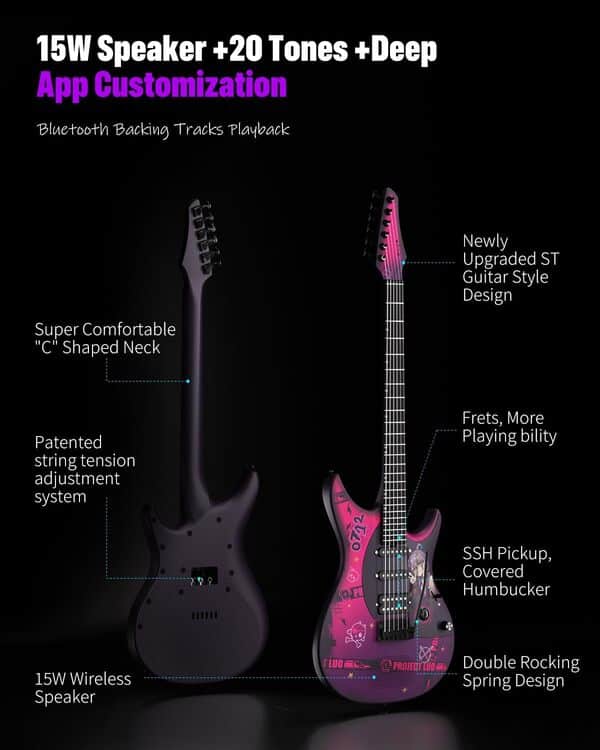 Enya Inspire Guitare électrique intelligente en fibre de carbone avec haut-parleur sans fil 15 W, 20 sons différents, préréglages intégrés, câble de charge, clé de réglage et étui de guitare