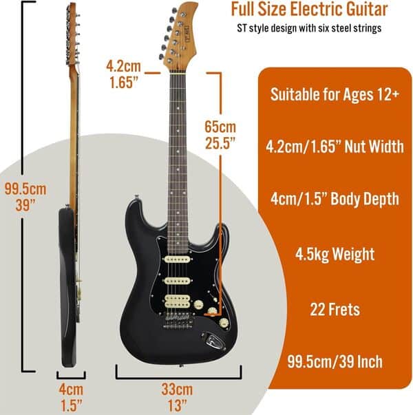 3rd Avenue Stateside Guitare électrique 4/4 Kit ultime avec amplificateur 5 W, câble, support, sac de transport rembourré, sangle, médiators, leçons gratuites - Rushmore Grey