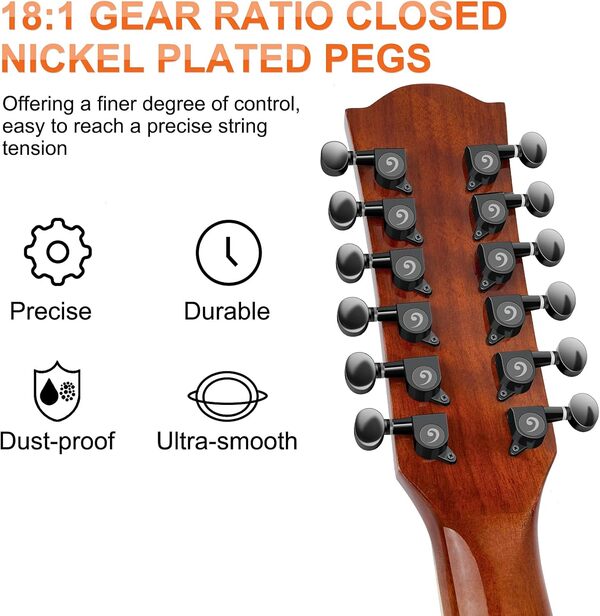 Vangoa Guitare 12 Cordes Électro-acoustiques 4/4 Corps Sapele Guitare Douze Cordes Set avec Égaliseur 4 Bandes, Marron