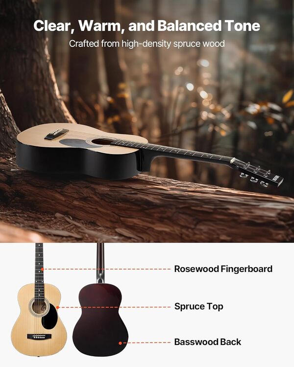 VEVOR Guitare Acoustique Dreadnought 6 Cordes, 102 cm, Table Épicéa Massif, Fond Tilleul, Touche Palissandre, avec Sac à Dos Portable, Accordeur, Sangle, Médiators, Capodastre, pour Adultes Débutants