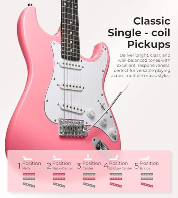 Explorez le kit de guitare électrique Vangoa 99 cm. Appréciez la polyvalence de sa teinte rose et bénéficiez des accessoires inclus pour une expérience musicale enrichissante dès vos premiers pas.