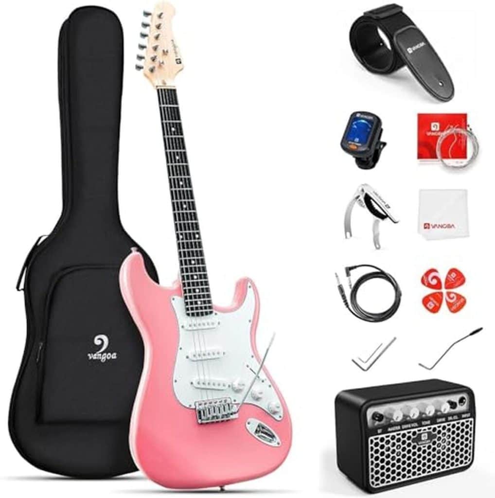 Test du kit de guitare électrique débutant Vangoa 99 cm : polyvalence rose et accessoires inclus
